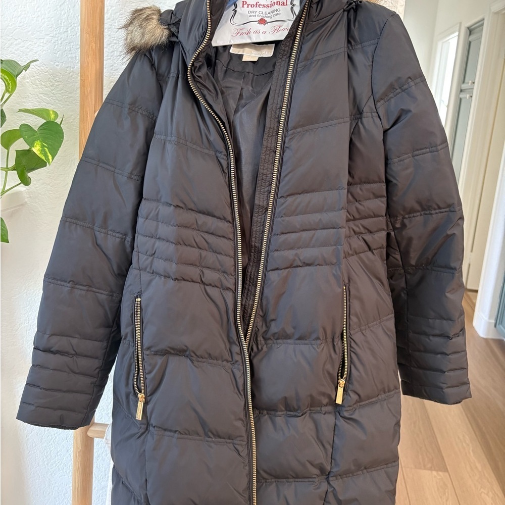 MICHAEL Michael Kors Black Quilted Hooded Puffer with Gold Zippers